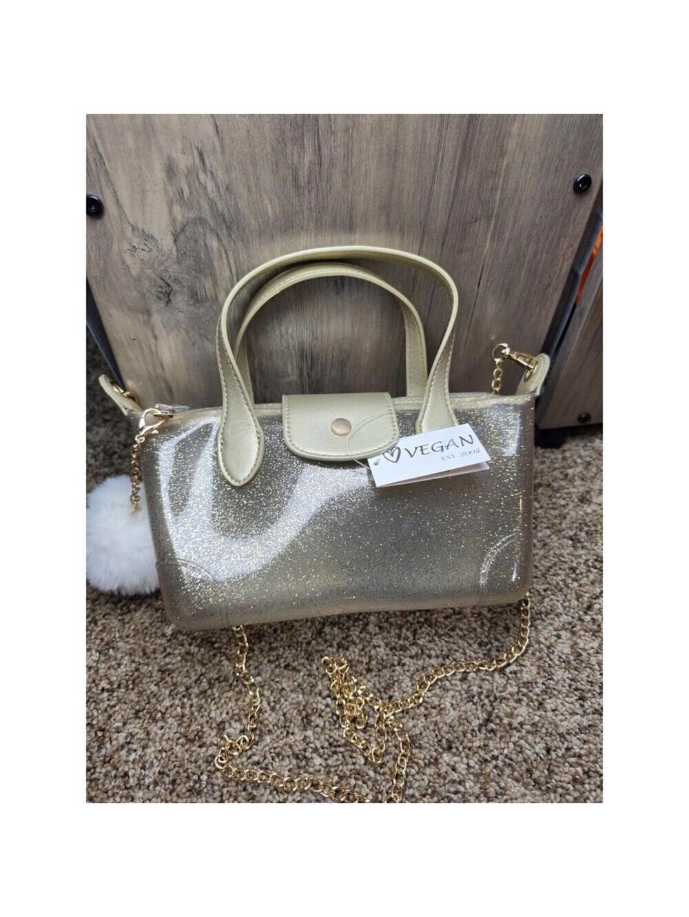Vegan Gold Glitter Clear Mini Handbag with Pom Pom Charm